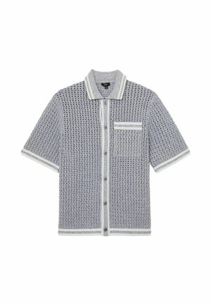 Szara, krótka, dzianinowa koszula na guziki z białym wykończeniem na kołnierzyku, przedniej listwie, kieszeni, rękawach i dolnym brzegu.