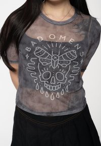 Mesh T-shirt in gray with an opaque skull and moth graphic. Features a round neckline and short sleeves, with a relaxed fit and subtle texture.