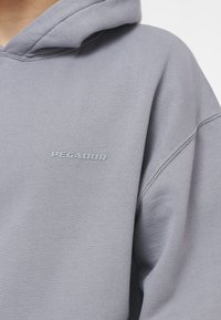 Felpa grigia con cappuccio realizzata in morbido tessuto, caratterizzata da polsini a costine e un piccolo logo "PEGADOR" in rilievo sul petto.