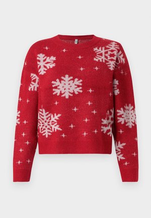 Raudonas megztinis su apvaliu kaklu, puoštas baltais snaigėmis ir spindinčiomis detalėmis visame megztinyje. Ribojo rankogaliai ir apačia, trumpas dizainas.