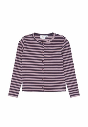 Cardigan violet à manches longues avec des rayures horizontales foncées, encolure ronde et cinq boutons devant.