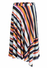 Jupe A-line multicolore avec des rayures horizontales en orange, rose, bleu, blanc et noir, dotée d'un ourlet fluide et d'une texture lisse.