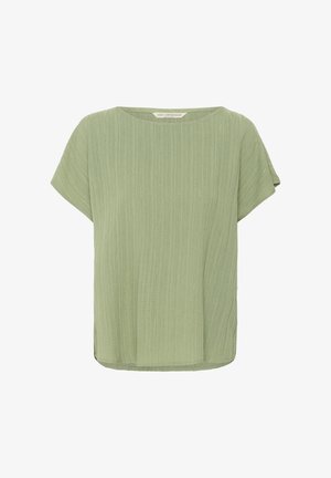 Helles, grünes Kurzarmoberteil aus strukturiertem, geripptem Stoff. Verfügt über einen lockeren Schnitt und einen runden Ausschnitt, mit einem Saum, der an den Seiten leicht geschwungen ist.