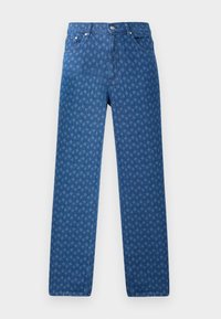 Blauwe spijkerbroek met een herhalend textuurpatroon, vijf zakken en een knoopsluiting in de tailleband. Rechte pijp.