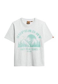 Grå bomulds T-shirt med et turkise bjerggrafik og teksten "SUPERDRY" og "PIKES PEAK COUNCIL" nedenfor. Korte ærmer, rund hals.