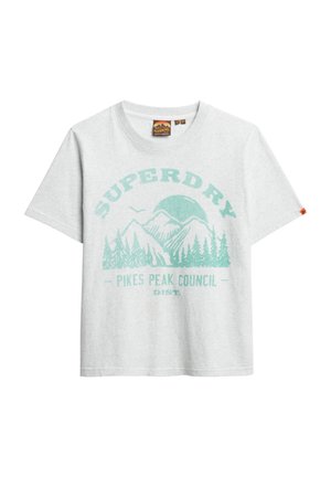 T-shirt in cotone grigio con grafica di una montagna turchese e la scritta "SUPERDRY" e "PIKES PEAK COUNCIL" sottostante. Maniche corte, collo rotondo.