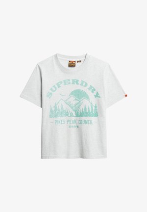 Grijze katoenen T-shirt met een turquoise bergafbeelding en de tekst "SUPERDRY" en "PIKES PEAK COUNCIL" daaronder. Korte mouwen, ronde hals.