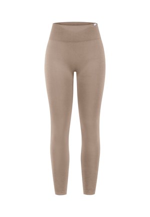 High-waisted, full-length light brown seamless leggings made of stretchy fabric, shown on a white background.