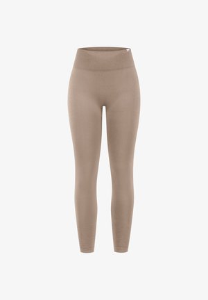 Leggings a vita alta, lunghezza intera, marrone chiaro senza cuciture, realizzati in tessuto elastico, mostrati su sfondo bianco.