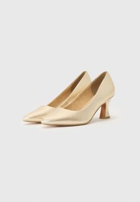Scarpe con tacco alto in metallo dorato, con punta affilata e un piccolo tacco a blocco, caratterizzate da una texture liscia e una silhouette classica.