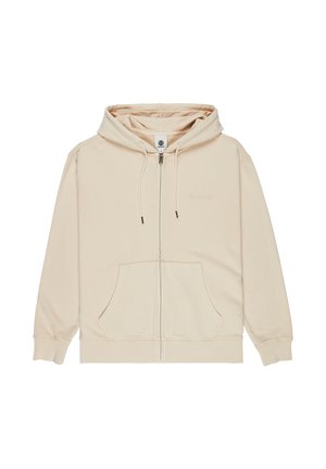 Beżowa bluza z kapturem na suwak, z przednimi kieszeniami, regulowanym kapturem ze sznurkiem, ściągaczami przy rękawach i u dołu oraz subtelnym logo "element" na lewej piersi.