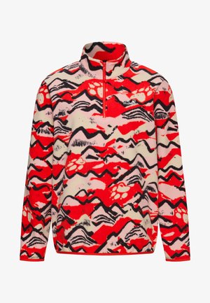 Maglione in pile con collo a mezza zip, motivo a montagne in rosso e rosa intenso, e piccolo logo sul petto. Morbido al tatto in tutta la sua superficie.