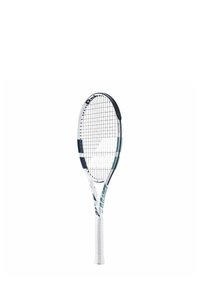 Raqueta de tenis con un marco blanco y gris, cabeza con cuerdas y un mango texturizado blanco. Presenta un diseño aerodinámico y forma ovalada.