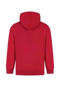 Czerwona bluza z kapturem o miękkiej fakturze, z długimi rękawami, ribbowymi mankietami i dołem, oraz zaokrąglonym kapturem, zaprojektowana z myślą o luźnym kroju.