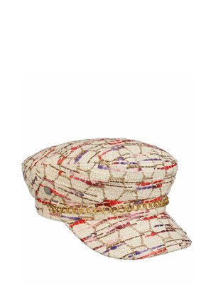 Beige tweed fisherman's cap with red, purple, and brown patterns, featuring a gold chain detail above the brim.
