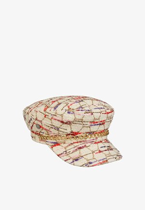 Beige tweed fisherman's cap with red, purple, and brown patterns, featuring a gold chain detail above the brim.