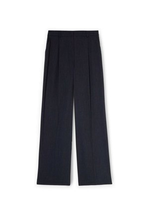 Pantaloni scuri di colore blu navy con un design a gamba larga, fronte plissettato e dettagli sulle tasche. Realizzati in un tessuto liscio con una sottile texture.