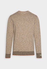Strickpullover in erdigen Farben, mit Rundhalsausschnitt, langen Ärmeln und kontrastierenden orangenen Akzenten an den Bündchen und am Saum. Strukturierter Stoff.