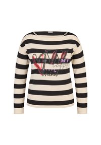 Gestreiftes Oberteil in Schwarz und Creme mit langen Ärmeln, rundem Halsausschnitt und einem grafischen Druck auf der Vorderseite, der Text und ein Herzdesign in mehreren Farben zeigt.