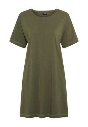 Lühikeste varrukatega, põlveni ulatuv oliivroheline vabaaja kleit ümarate kaelustega ja lõdva lõikega, valmistatud pehmest kangast.