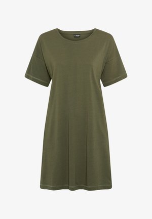 Lühikeste varrukatega, põlveni ulatuv oliivroheline vabaaja kleit ümarate kaelustega ja lõdva lõikega, valmistatud pehmest kangast.