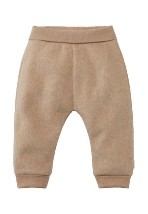 Zachte beige babybroekjes met elastische tailleband en boorden, gemaakt van warm, pluizig materiaal geschikt voor koud weer.