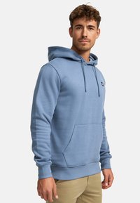 Lys blå hettegenser laget av mykt stoff, med kengurulomme, hette med snøring og en liten logo på brystet. Glatt tekstur.