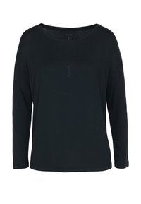Zwarte lange mouwen shirt met brede ronde hals en subtiel gestippeld bloemmotief op de borst, maat medium.