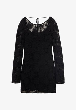 Schwarzes Spitzenkleid mit langen Ärmeln, Rundhalsausschnitt und BindebandDetail im Rücken. Leichtes, strukturiertes Muster bedeckt den Stoff und sorgt für einen durchsichtigen Effekt.