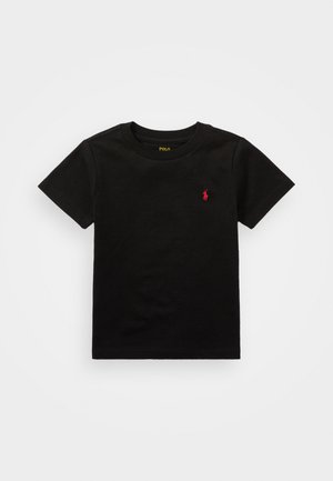 Black cotton t-shirt with short sleeves, crew neck, and a small red logo on the chest. Smooth texture and standard fit.