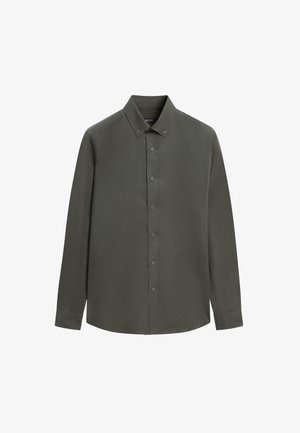 Dunkelgrünes Langarmhemd aus einem glatten Stoff. Mit einem Hemdkragen zum Knöpfen und Knöpfen vorne, sowie einem gerade geschnittenen Saum.