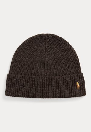 Cappellino a coste marrone scuro con risvolto e piccolo logo ricamato con cavallo e cavaliere sul risvolto.