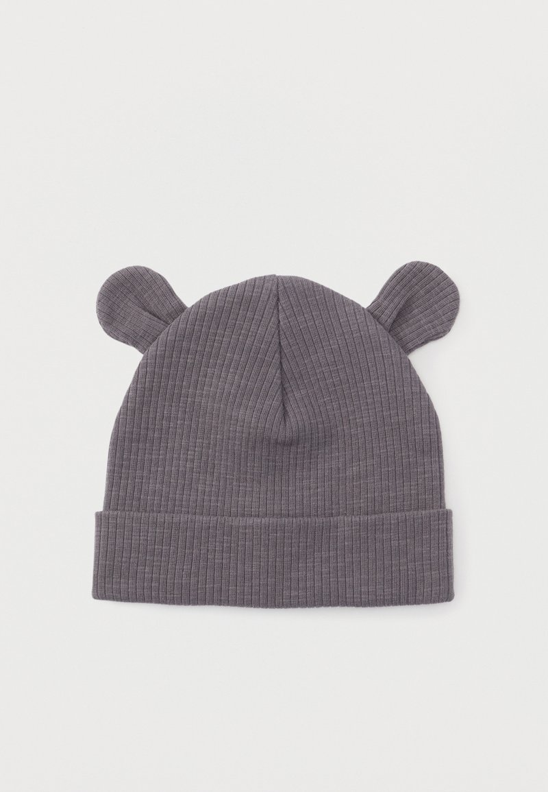 Hall hallitatud soonikuga müts kahe väikese ümmarguse kõrvaga, kokkukeeratava äärega, kujundatud soojust ja mängulisust silmas pidades.