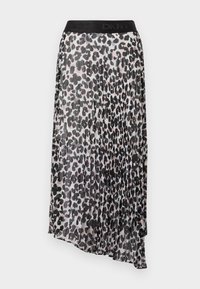Plisuota midi sijonas su juodu ir bežiniu leopardų raštu, su juodu elastingu juosmeniu, kuris turi DKNY logotipą. Lengvas, pusiau permatomas audinys.