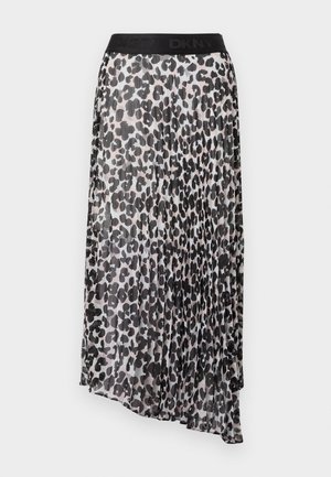 Pleated midi skirt with a black and beige leopard print, featuring a black elastic waistband with the DKNY logo. Lightweight, semi-sheer fabric.