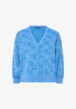 Cardigan azzurro chiaro con chiusura con bottoni sul davanti e motivo di rose blu scuro su tutta la superficie, polsini e orlo a coste e scollatura a V.