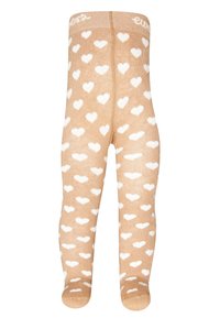 Kniestrümpfe in Beige mit einem wiederholenden weißen Herzmuster. Weicher Stoff und elastischer Bund mit Markenaufschrift an der Oberseite.