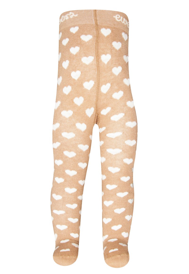 Kniestrümpfe in Beige mit einem wiederholenden weißen Herzmuster. Weicher Stoff und elastischer Bund mit Markenaufschrift an der Oberseite.