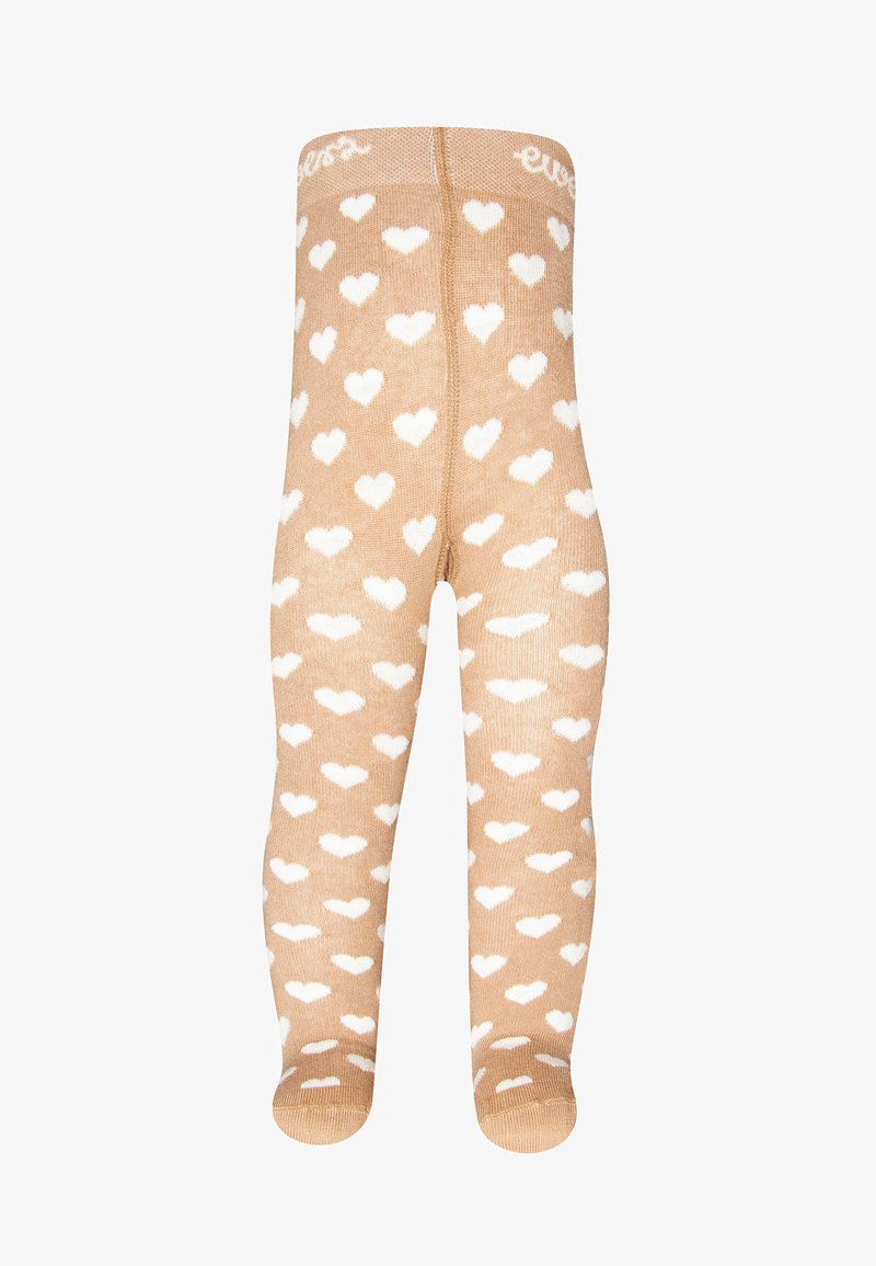 Kniestrümpfe in Beige mit einem wiederholenden weißen Herzmuster. Weicher Stoff und elastischer Bund mit Markenaufschrift an der Oberseite.