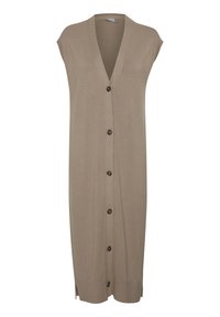 Cardigan lungo senza maniche in morbido tessuto beige, con scollo a V, chiusura con bottoni e aperture laterali per facilitare i movimenti.