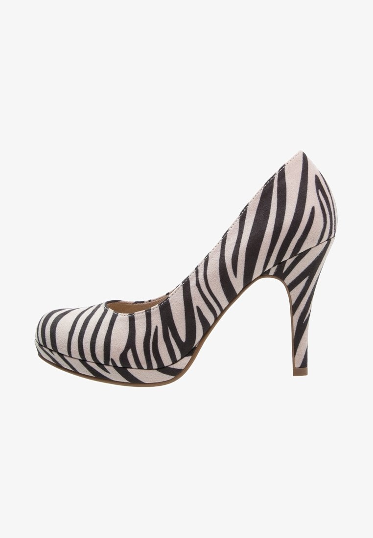 Zebra print high-heeled shoe in beige and black. Features a round toe, soft fabric texture, and a slim stiletto heel.