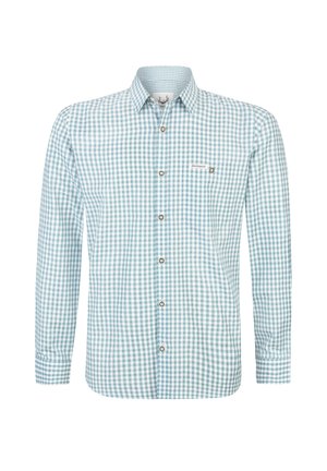 Langarm-Hemd mit kariertem Muster in Blau und Weiß, ausgestattet mit einem Button-Down-Kragen, einer Brusttasche und Metallknöpfen mit sichtbaren Nähten.