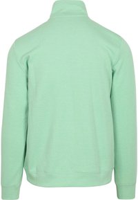 Lichtgroene pullover met hoge kraag en lange mouwen. Het materiaal lijkt zacht met een gladde textuur en heeft geen zichtbare patronen.