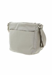 Beige nylon shoulder bag with a flat rectangular shape, adjustable strap, front pocket, and zip closure. Textured surface for durability.