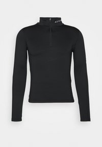 Schwarzes langärmliges Basisschicht-Oberteil mit hohem Kragen und Viertel-Reißverschluss. Glatte Textur und enganliegendes Design für optimierte Leistung.