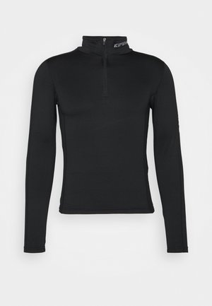 Layer de bază cu mâneci lungi, negru, cu guler înalt și închidere cu fermoar pe un sfert. Textură netedă și design ajustat pentru o performanță optimizată.