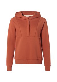 Hoodie orange brûlé en tissu doux, avec une poche frontale, un capuchon à cordon de serrage et des poignets côtelés pour plus de texture et de confort.