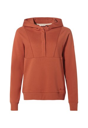 Gebrande oranje hoodie van zacht materiaal, met een voorzak, capuchon met trekkoord en ribbelmanchetten voor extra textuur en comfort.
