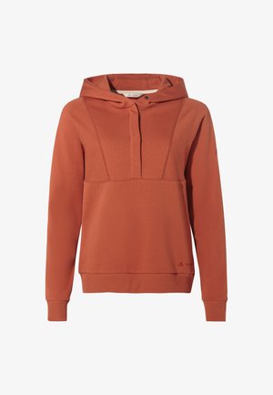 Gebrande oranje hoodie van zacht materiaal, met een voorzak, capuchon met trekkoord en ribbelmanchetten voor extra textuur en comfort.