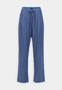 Blauwe, lichte broek van satijnachtige stof met een elastische tailleband en een trekkoord. Losse pasvorm met rechte pijpen en zonder zichtbare patronen.